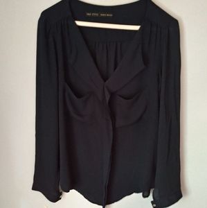 ZARA BASIC Navy waterfall V-Neck Pockets blouse S